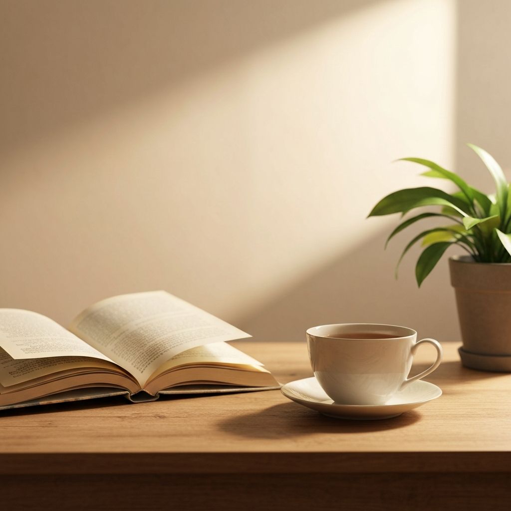 Ruhige Atmosphäre mit Buch und Teetasse für achtsame Gewohnheiten
